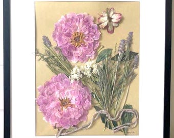 Real Oshibana art (押し花). Pink Peonies Botanical Artwork Framed,Flowers Botanical Wall Art, Flower Decoration, bouquet