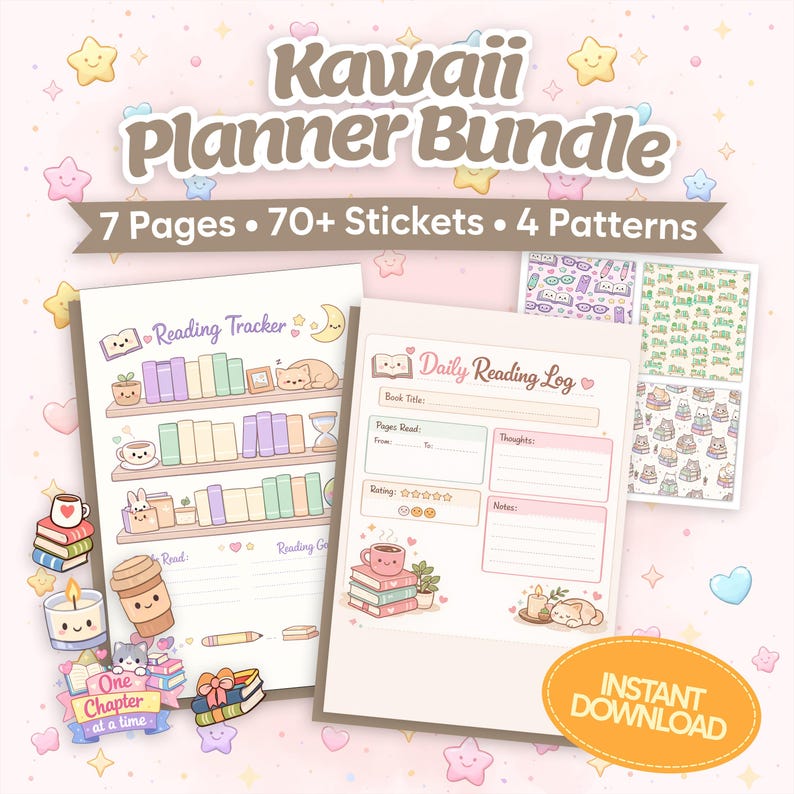 Kawaii Book Lover Planner Kit - Reading Journal Pages, Cute Book ...