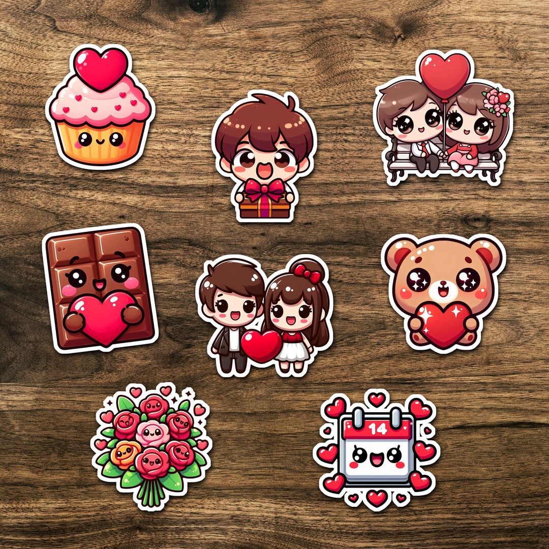 Kawaii Valentine Sticker Sheet, Cute Love Stickers With Couples, Hearts ...