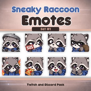 Op de afbeelding: Een set van acht cartoon wasbeer emotes met verschillende uitdrukkingen, waaronder een in een vuilnisbak, met een "SUS" bord en pizza etend. De tekst "Sneaky Raccoon Emotes" en "Twitch and Discord Pack" worden weergegeven.
