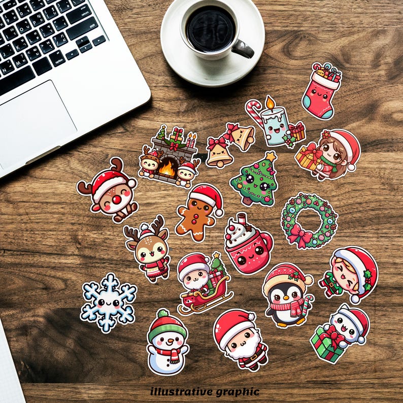 Christmas Kawaii Clipart Set - Cute Holiday Stickers Santa Reindeer Snowman, Digital Download PNG SVG PDF, Instant Christmas Printable Art image 3
