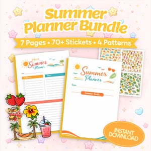Może przedstawiać: Pakiet letniego planera z tekstem "Summer Planner Bundle". Zestaw zawiera 7 stron, ponad 70 naklejek i 4 wzory. Planer zawiera codzienny planer i naklejki dekoracyjne.