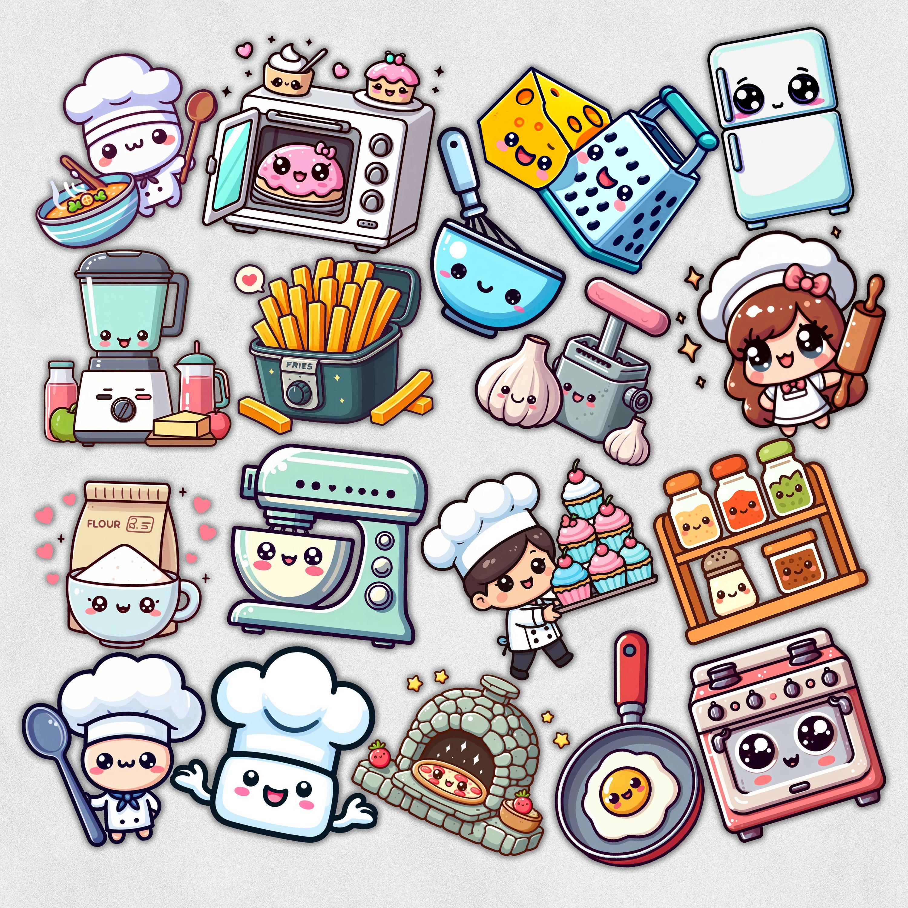 Kawaii Chef and Baker Clipart Set | Cute Cooking Stickers | Kitchen Tools \u0026  Food Digital Download | PNG, SVG, PDF - Etsy Israel, image size:3000x3000