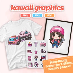 Rosa mekaniker Kawaii Clipart - PNG SVG PDF, bilverktyg, garage och bensinstationskonst, digital nedladdning för hantverk och planerare