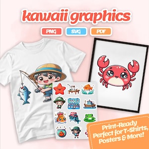 Fishing Kawaii Clipart Set - Cute Fish Angler Boat Tackle Stickers, Digital Download PNG SVG PDF, Fishing Printable Art