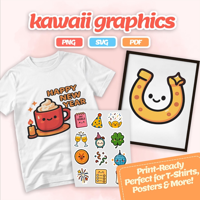 New Year Kawaii Clipart - Cute Celebration Stickers PNG SVG PDF ...