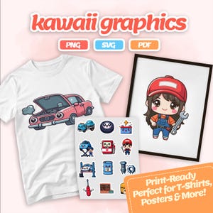 Clipart de mecánico de coches kawaii: pegatinas de reparación de coches, herramientas de garaje y coches, descarga digital (PNG, SVG, PDF)