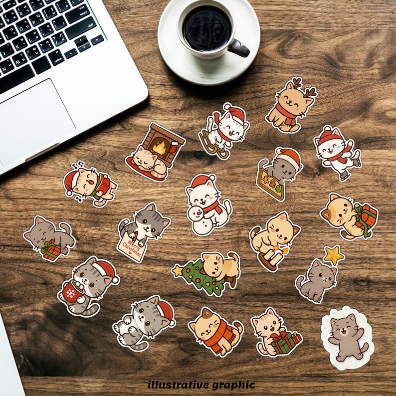 Cute Christmas Cat Clipart - Kawaii Holiday Cats Stickers, Cozy Winter ...