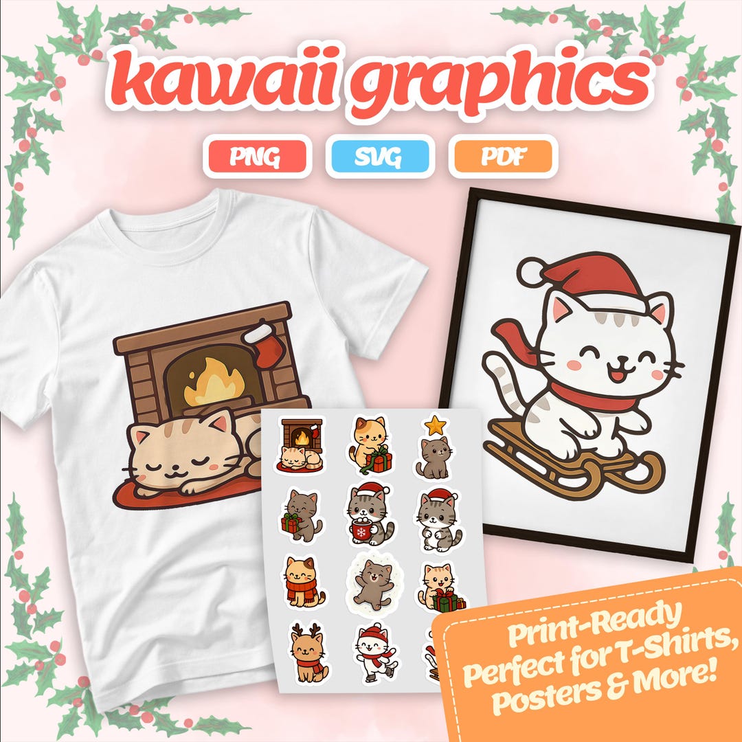 Cute Christmas Cat Clipart - Kawaii Holiday Cats Stickers, Cozy Winter ...