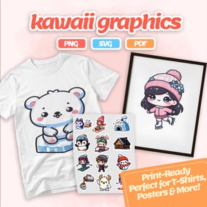 Winter Kawaii Clipart Set - Cute Ski Snowboard Ice Skating Snowman Stickers, Digital Download PNG SVG PDF, Winter Sports Printable Art