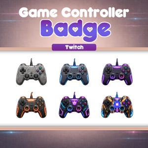 Può includere: Immagine di sei badge di controller di gioco con vari schemi di colori. Il testo "Game Controller Badge" è in alto, con "Twitch" sotto. I controller includono design grigi, blu, viola, arancioni e dorati, ciascuno con layout di pulsanti dettagliati.