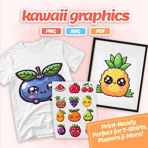 Kawaii Fruits Clipart – 15 schattige fruitstickers in PNG-, SVG- en PDF-formaat voor print- en digitaal gebruik