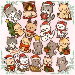 Cute Christmas Cat Clipart - Kawaii Holiday Cats Stickers, Cozy Winter ...