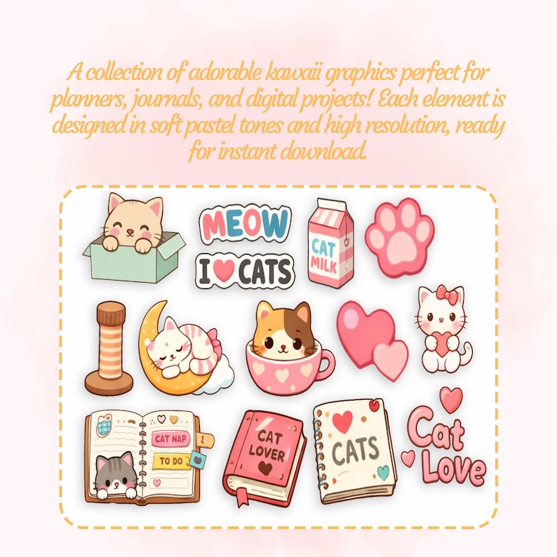 Kawaii Cat Lover Sticker Bundle - Cute 74 Digital Stickers & Seamless ...