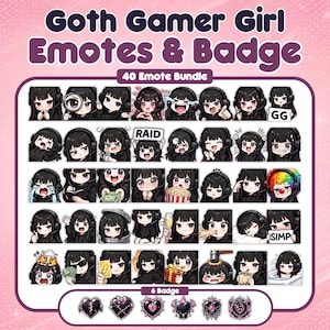 Ultimat paket med goth-gamertjej-emotes, 40 Twitch-emotes + 6 märken, sött mörkt anime-paket, streamer-startpaket