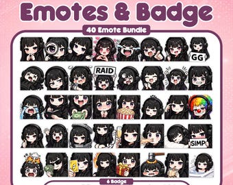 Ultimate Bundle Of Goth Gamer Girl Emotes, 40 Twitch Emotes + 6 Badges, Cute Dark Anime Pack, Streamer Starter Pack