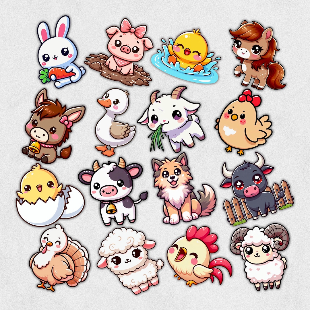 Cute Farm Animals Clipart Set | Kawaii Cow Pig Chicken Sheep Horse ...