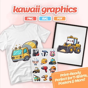 Kawaii Construction Worker Clipart Digital Download, Cute Builder Stickers, Construction Vehicles, Kids Crafts, Scrapbook, PNG SVG PDF