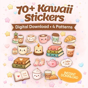 Paquete de pegatinas de café kawaii: 82 pegatinas digitales adorables y patrones de cafetería sin costuras. Un acogedor set de imágenes prediseñadas kawaii para diarios y revistas.