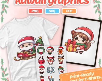 Christmas Kawaii Clipart Set - Cute Holiday Stickers Santa Reindeer Snowman, Digital Download PNG SVG PDF, Instant Christmas Printable Art