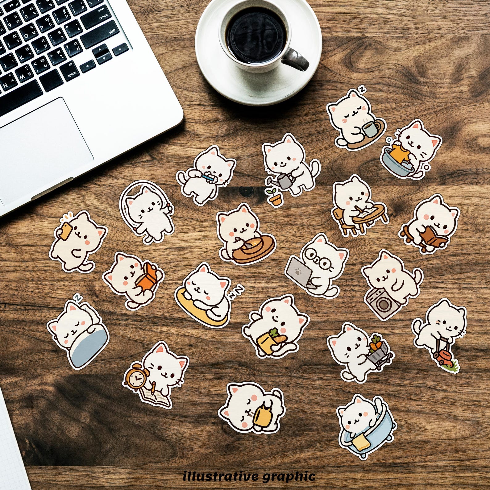 Daily Routine Chibi Cute Daily Routine Cat Clipart - Chibi Cats Stickers Bundle, Digital ...