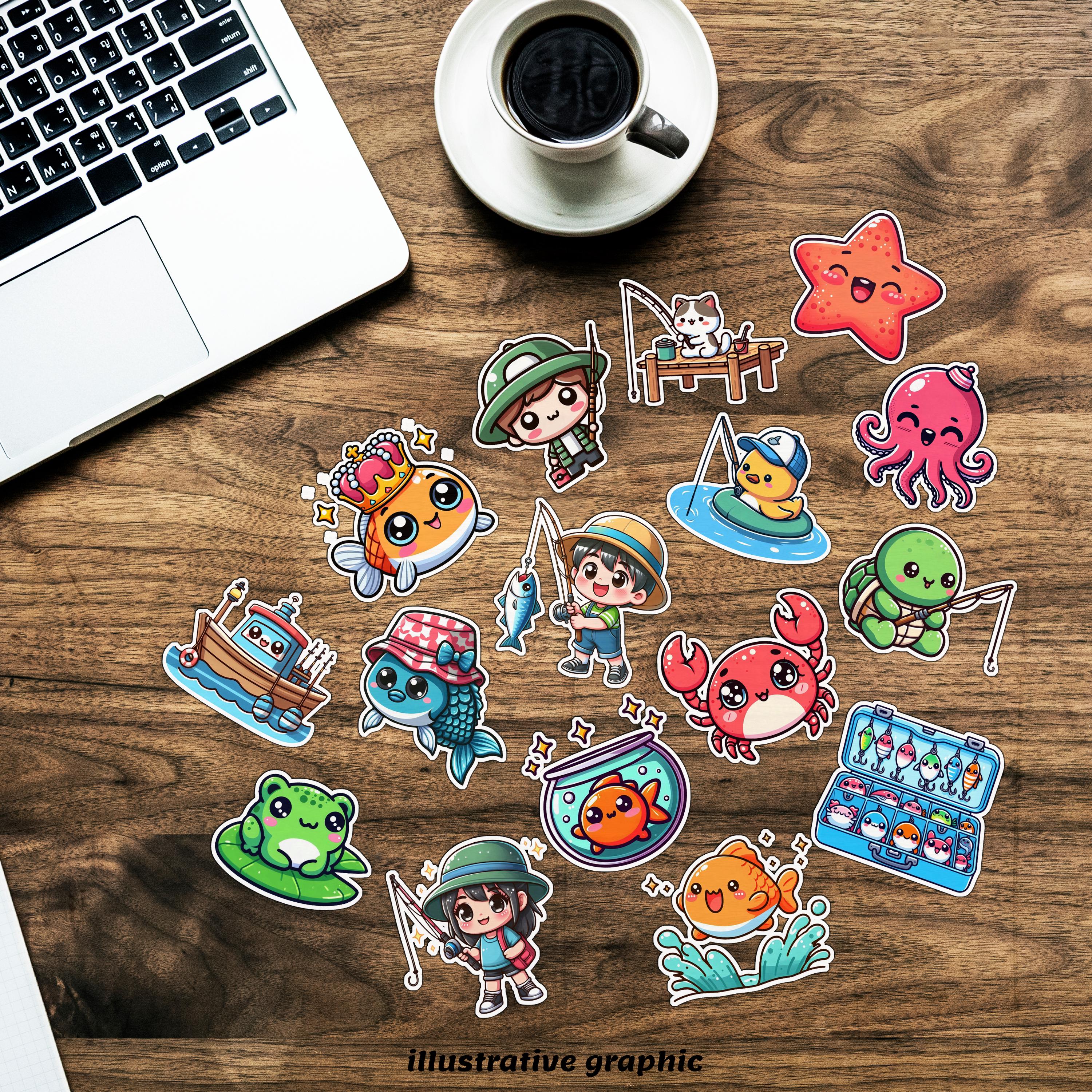 Fishing Kawaii Clipart Set - Cute Fish Angler Boat Tackle Stickers ...