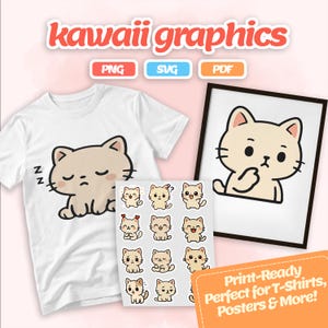 Imágenes prediseñadas de emociones de gato lindo: pegatinas de gatitos kawaii, descarga digital PNG SVG PDF, arte imprimible de gatos lindos con estado de ánimo para planificadores y manualidades