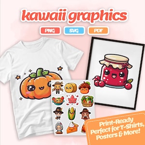 Thanksgiving Kawaii Clipart Set - Cute Fall Harvest Stickers Pumpkin Pie Turkey Corn, Digital Download PNG SVG PDF, Autumn Printable Art