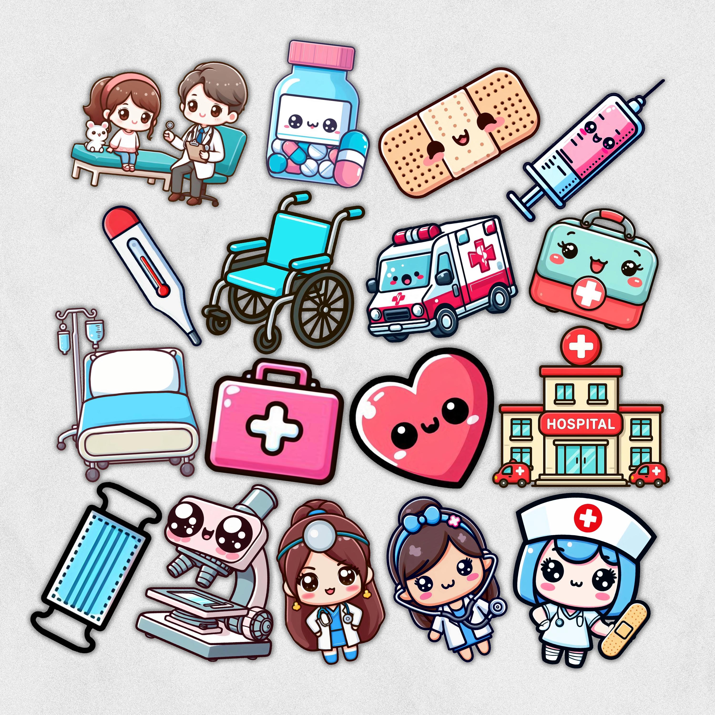 かわいい病院クリップアートセット | かわいい医療デジタルステッカー | 医師と看護師のバンドル | すぐにダウンロード | PNG、SVG、PDF  - Etsy 日本, image size:3000x3000