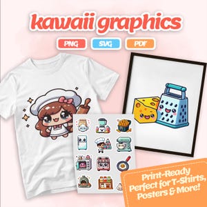 Conjunto de Clipart Kawaii de Chef e Padeiro - Adesivos fofos de culinária, utensílios de cozinha e comida para download digital, PNG, SVG, PDF