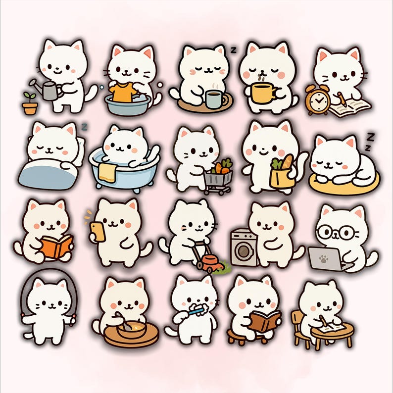 Daily Routine Chibi Cute Daily Routine Cat Clipart - Chibi Cats Stickers Bundle, Digital ...