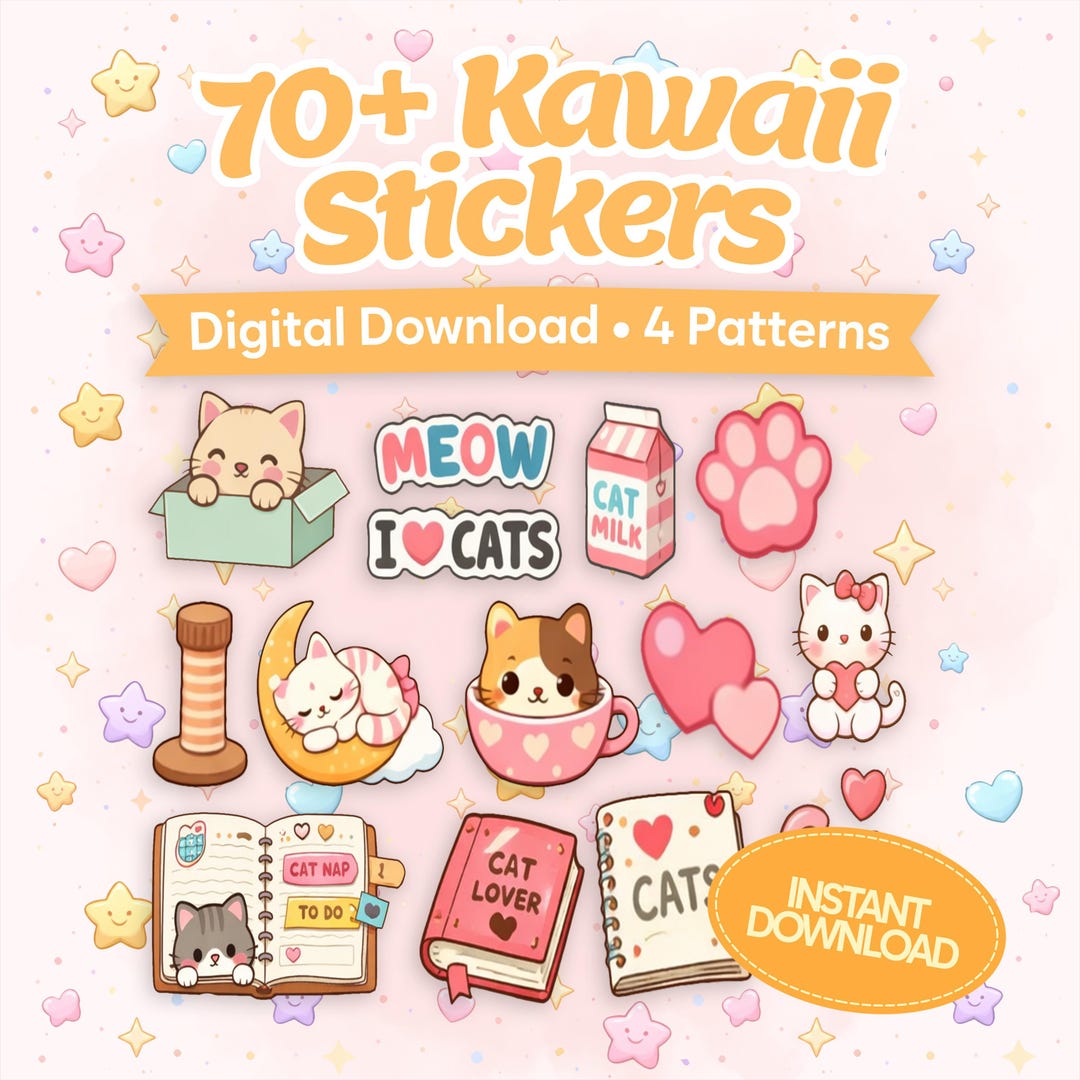 Kawaii Cat Lover Sticker Bundle - Cute 74 Digital Stickers & Seamless ...