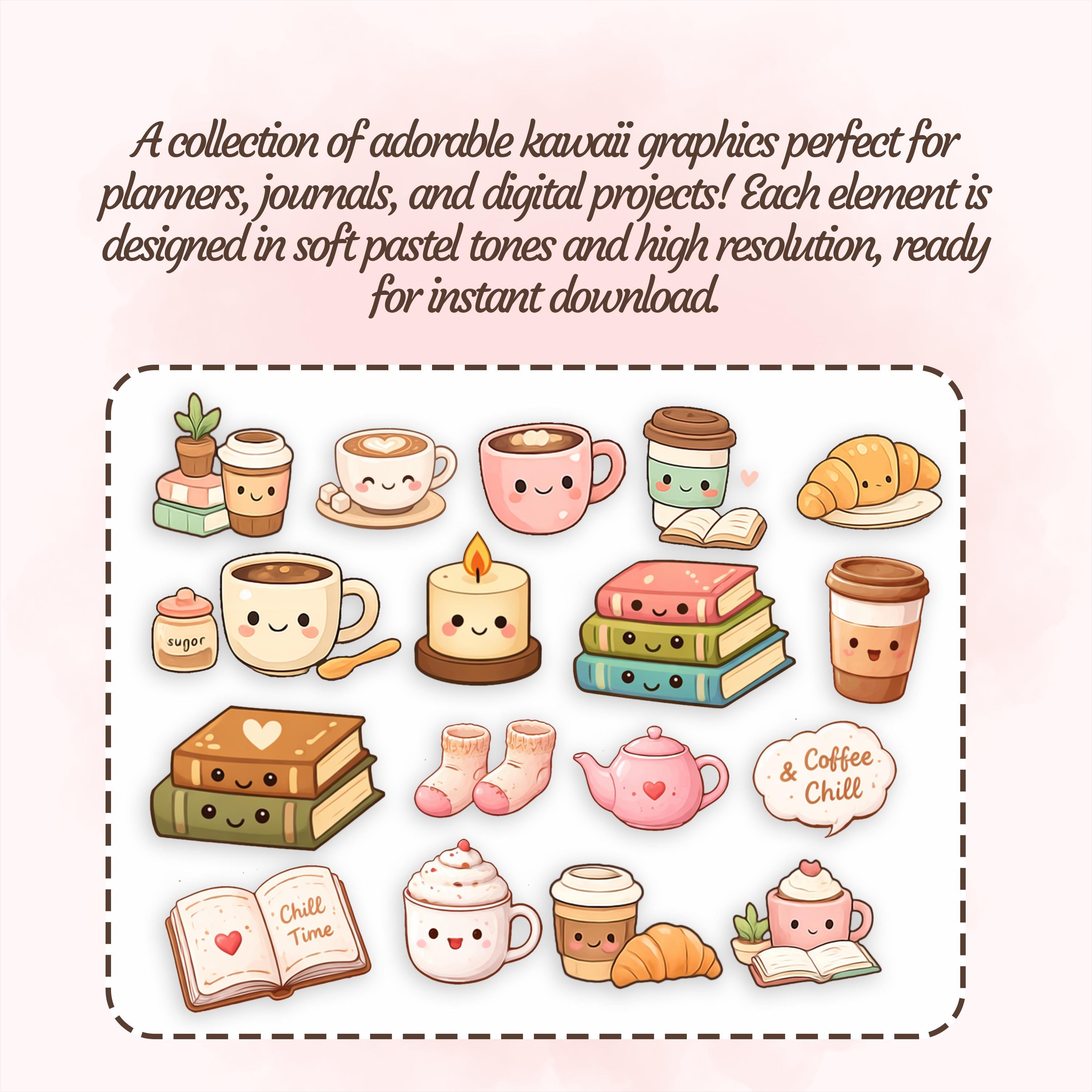 Kawaii Coffee Sticker Bundle - 82 Cute Digital Stickers & Seamless Café ...