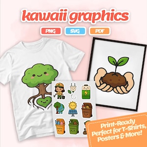 Imágenes prediseñadas kawaii de Eco Life: adorables pegatinas del Día de la Tierra en formato PNG, SVG y PDF. Ilustraciones sobre reciclaje y sostenibilidad. Descarga digital para proyectos ecológicos.