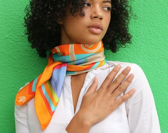 Blue & Orange Luxury Square Scarf in Silk Twill | Original Haitian Inspired Art Scarves by Woman Owned Small Business | Azuei Caribbean