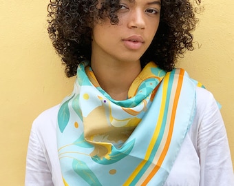 Turquoise Orange Luxury Square Scarf in Silk Twill | Original Haitian Inspired Art Scarves by Woman Owned Small Business | Azuei Mint Dream