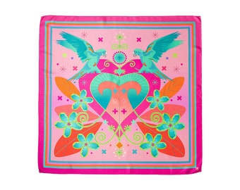 Pink Luxury Square Scarf in Silk Twill | Haiti Inspired Art Scarves by Woman Owned Small Business | Kabic Canton Rose Heart