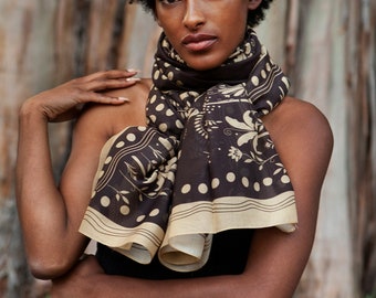 Black & Cream Luxury Rectangular Scarf in Italian Cotton Silk | Haitian Inspired Art Scarves by Woman Owned Small Business | Palms Midnight