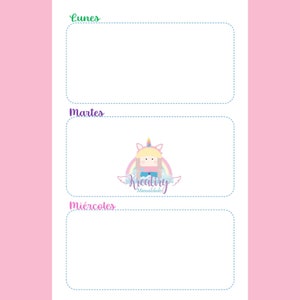 Puede incluir: Una página de planificador imprimible con una ilustración de unicornio y el texto "Kreatiry Manualidades". La página está dividida en tres secciones etiquetadas como "Lunes", "Martes" y "Miércoles".