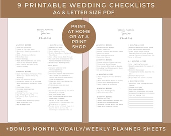 May include: A printable checklist for wedding planning with a timeline and checklist for each month leading up to the wedding. The checklist includes tasks such as ordering invitations, booking the venue, choosing a caterer, and sending save the dates.