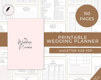 May include: A printable wedding planner with 150 pages in a pink and brown color scheme. The cover features the text "My Wedding Planner" in a black script font. The text "Printable Wedding Planner" and "A4/Letter Size PDF" are also included in the image.
