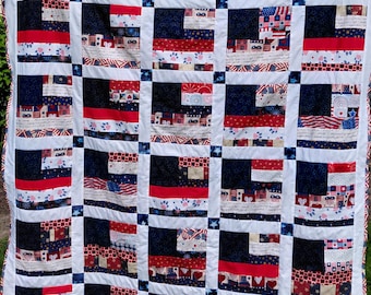 Handmade Patriotic American Flag Quilt, Red White Blue Throw, 4th July Lap Quilt