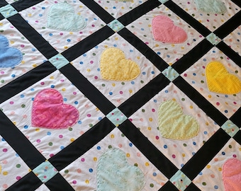 Handmade Heart Quilt,Handmade Throw/Lap Quilt,Polka Dot Quilt,Quilts For Sale,Rainbow Quilt,Heart Quilt,Applique Quilt,Patchwork Quilt