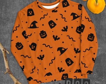 Ladrillo de construcción personalizado Lego estilo naranja fantasma espeluznante, murciélago, calabaza, bruja, serpiente ladrillo de halloween minifigura partes sudadera unisex