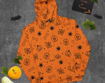 Ladrillo de construcción personalizado Lego estilo naranja esqueleto espeluznante, araña, calabaza ladrillo de halloween piezas de minifigura sudadera con capucha unisex