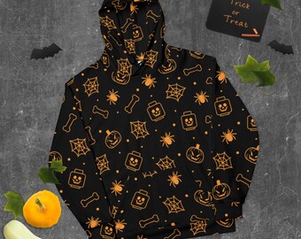 Ladrillo de construcción personalizado Lego estilo negro espeluznante esqueleto, araña, calabaza ladrillo de halloween minifigura partes unisex sudadera con capucha