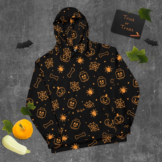 Custom Building Brick Lego Style Black Spooky Skeleton Spider Pumpkin Halloween Brick Minifigure Parts Unisex Hoodie Etsy