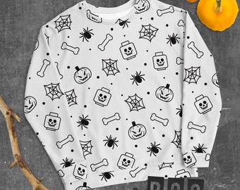 Ladrillo de construcción personalizado Lego estilo esqueleto blanco espeluznante, araña, calabaza Halloween minifigura partes sudadera unisex