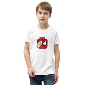Custom Building Brick Lego Style Spidey Minifigure Head Youth Short Sleeve T-Shirt