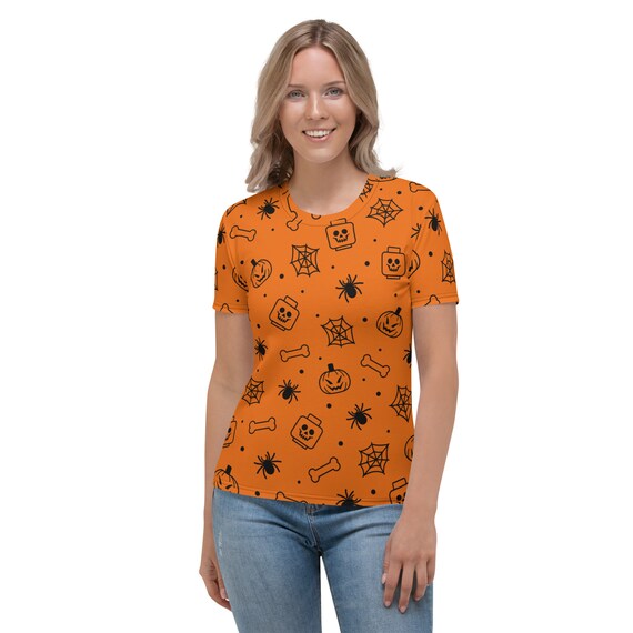 Custom Building Brick Lego Style Orange Spooky Skeleton, Spider, Pumpkin  Halloween Brick Minifigure Parts Women's T-Shirt